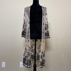 May & July Kimono Blouse Womens Medium Black Floral Embroidered Sheer Boho